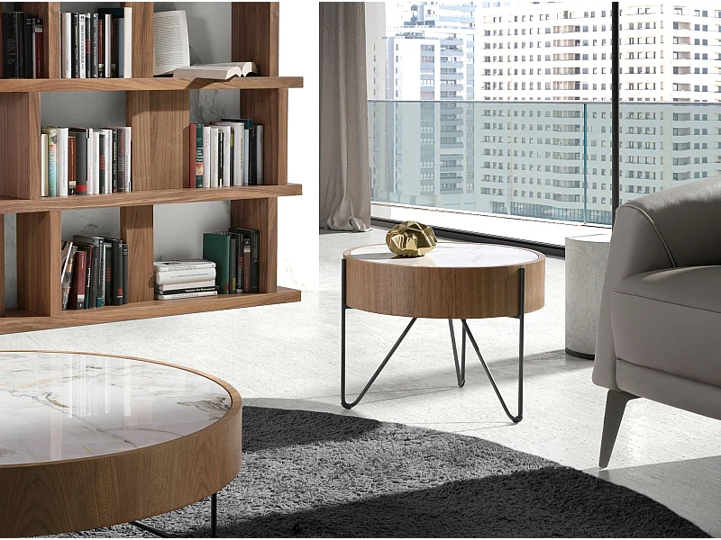 Runder Ecktisch aus Porzellanmarmor, Nussbaum und schwarzem Stahl 2139 ANGEL CERDA