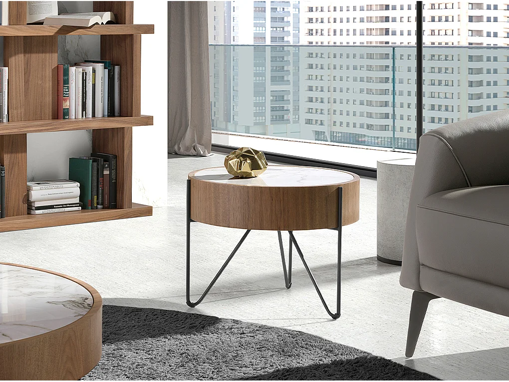 Table d'angle ronde en marbre porcelaine, noyer et acier noir 2139 ANGEL CERDA