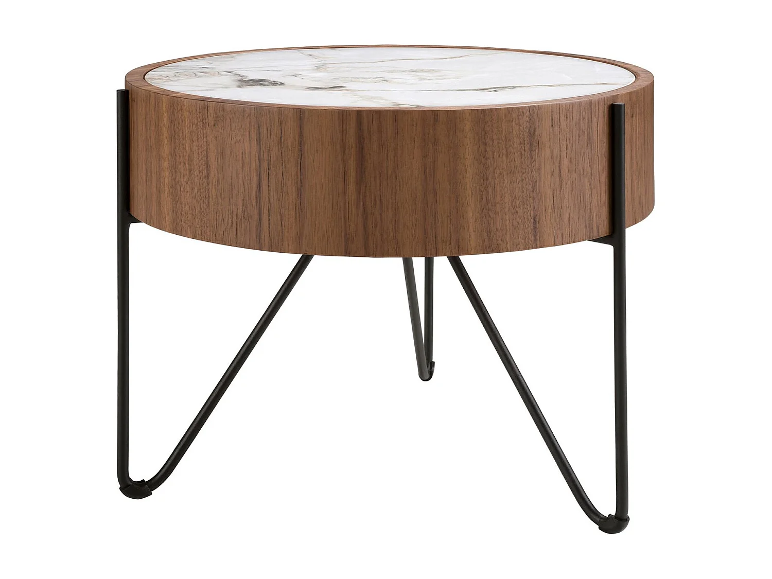 Table d'angle ronde en marbre porcelaine, noyer et acier noir 2139 ANGEL CERDA