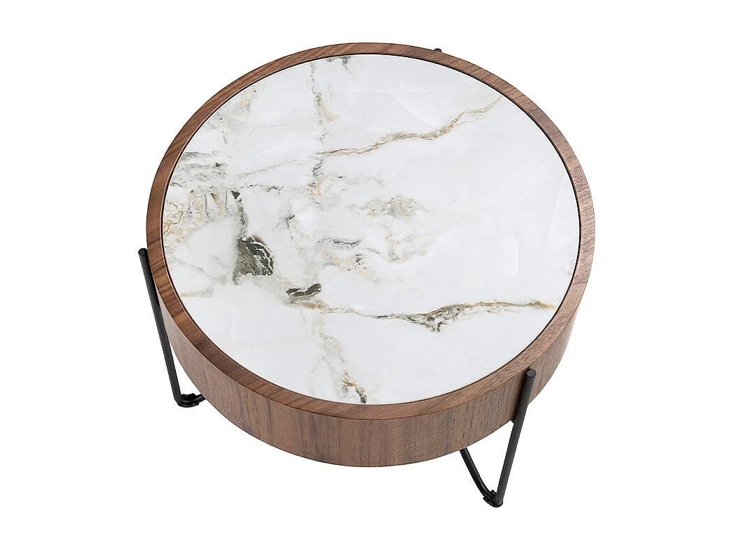 Table d'angle ronde en marbre porcelaine, noyer et acier noir 2139 ANGEL CERDA
