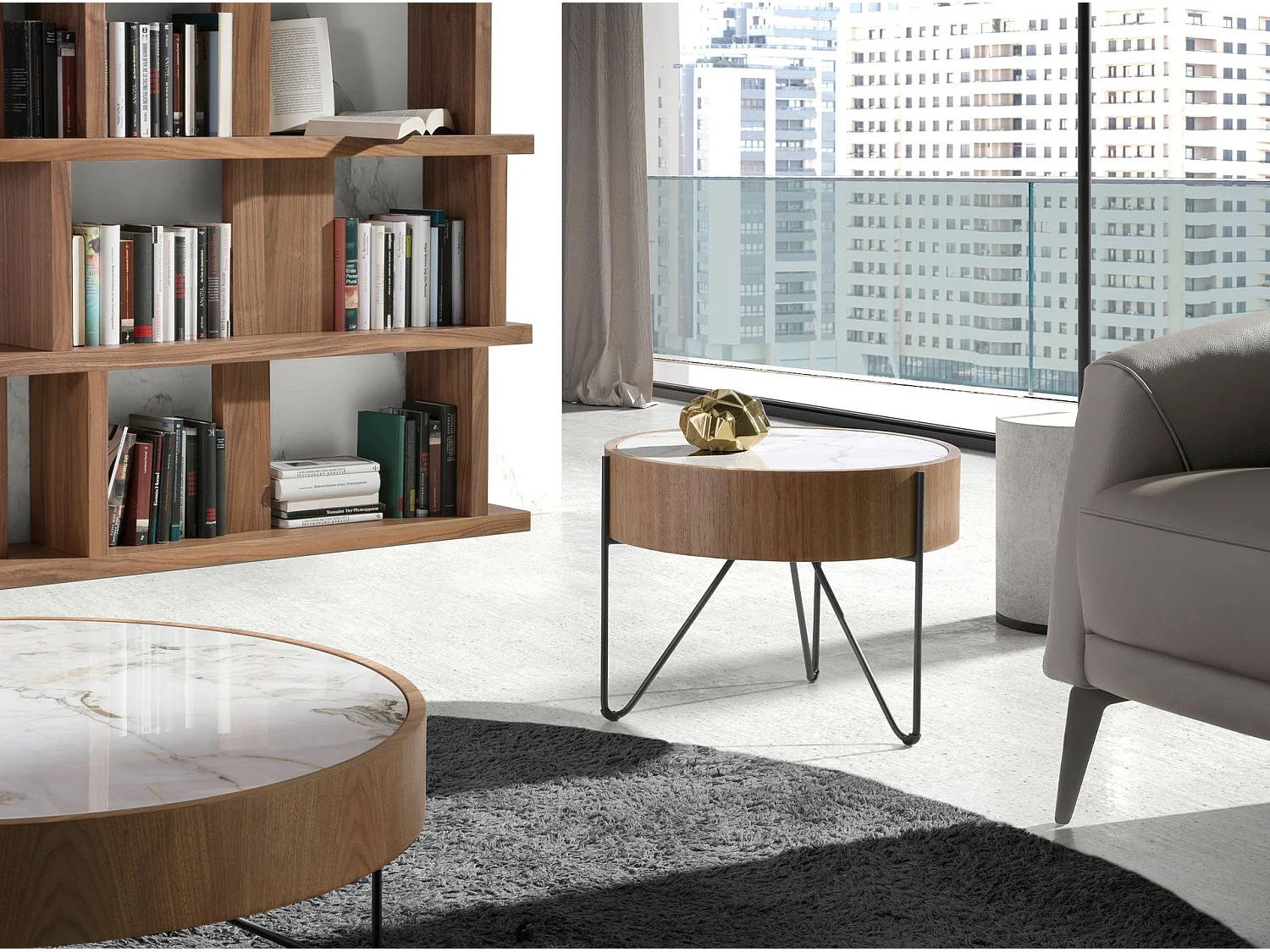 Table d'angle ronde en marbre porcelaine, noyer et acier noir 2139 ANGEL CERDA