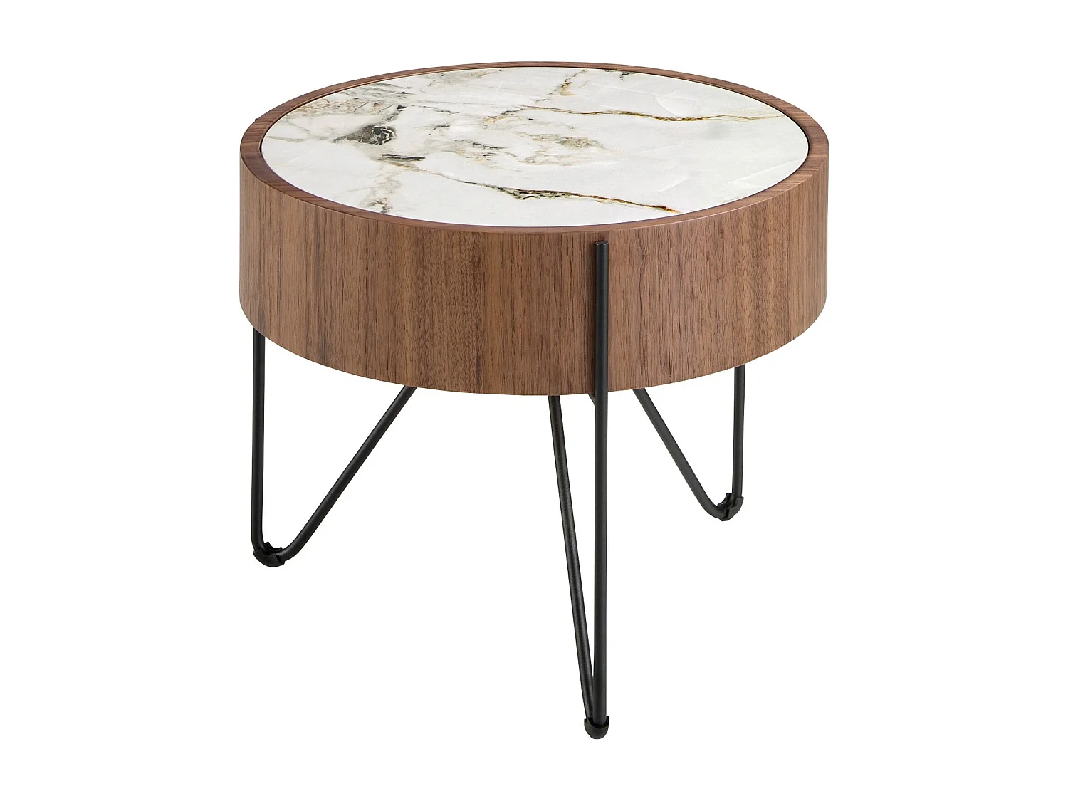 Table d'angle ronde en marbre porcelaine, noyer et acier noir 2139 ANGEL CERDA