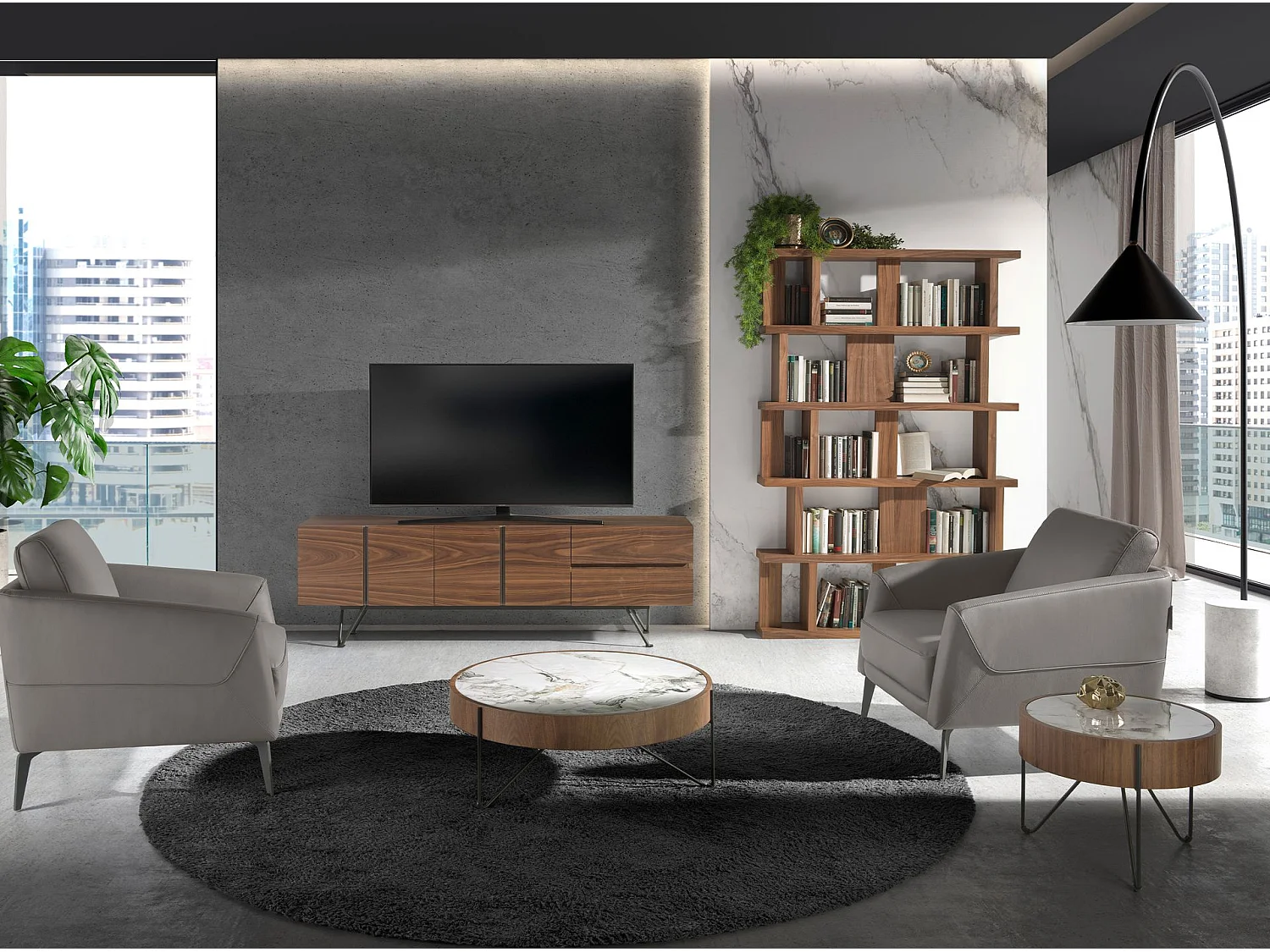 Table d'angle ronde en marbre porcelaine, noyer et acier noir 2139 ANGEL CERDA