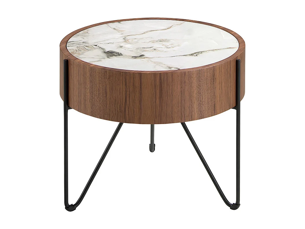 Table d'angle ronde en marbre porcelaine, noyer et acier noir 2139 ANGEL CERDA