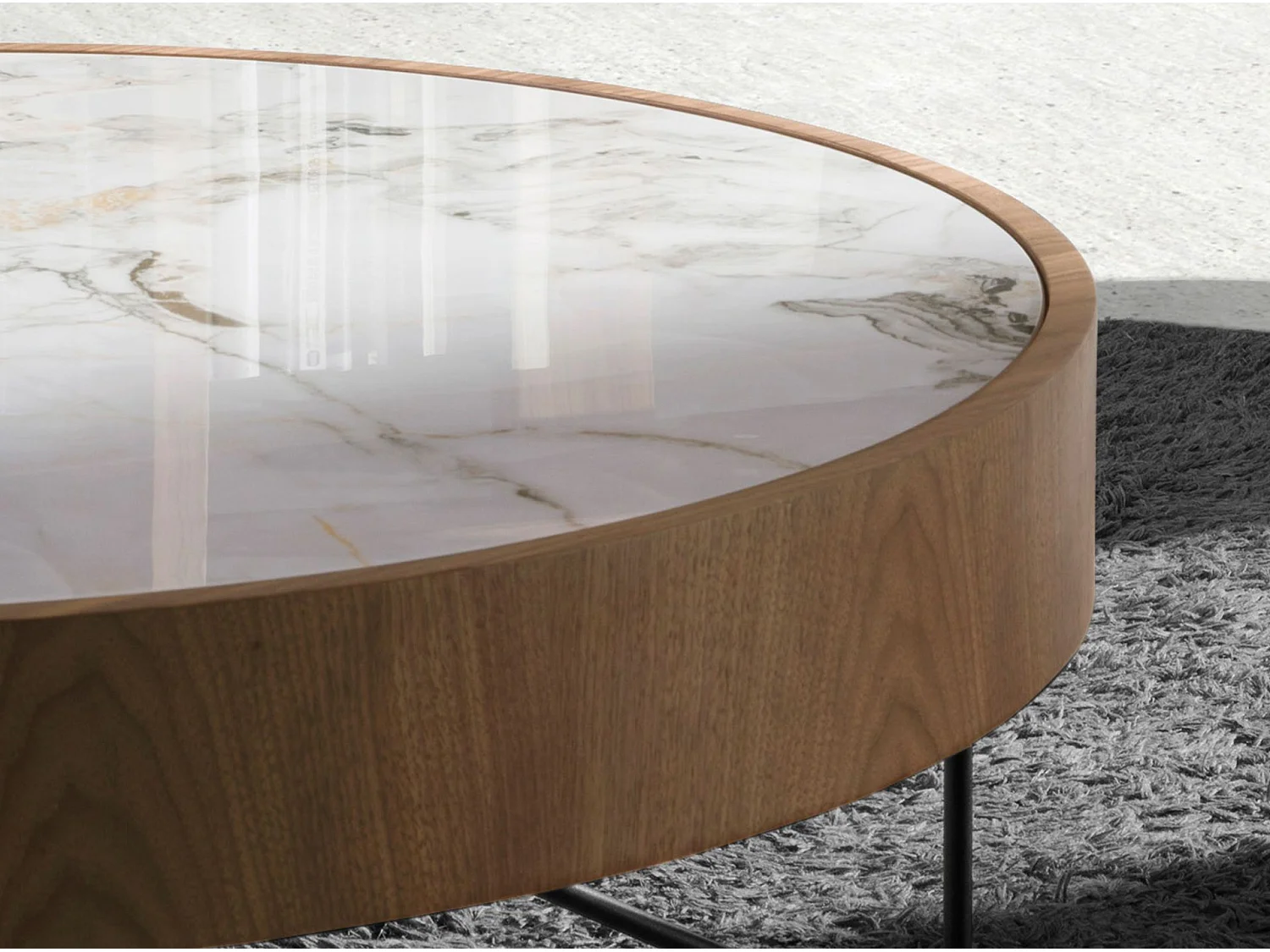 Table d'angle ronde en marbre porcelaine, noyer et acier noir 2139 ANGEL CERDA