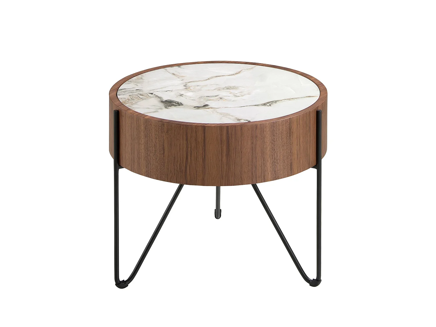 Table d'angle ronde en marbre porcelaine, noyer et acier noir 2139 ANGEL CERDA