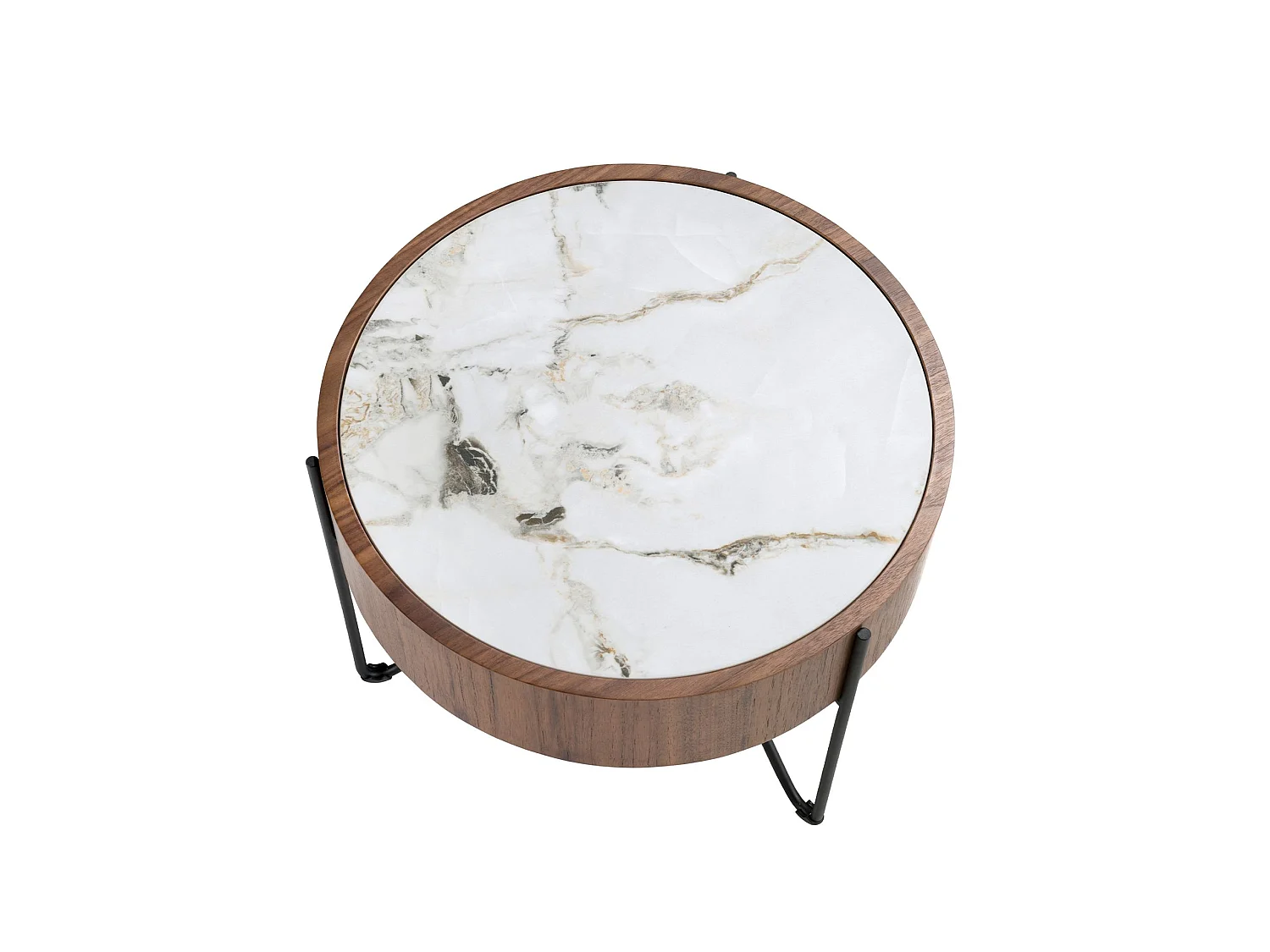 Table d'angle ronde en marbre porcelaine, noyer et acier noir 2139 ANGEL CERDA