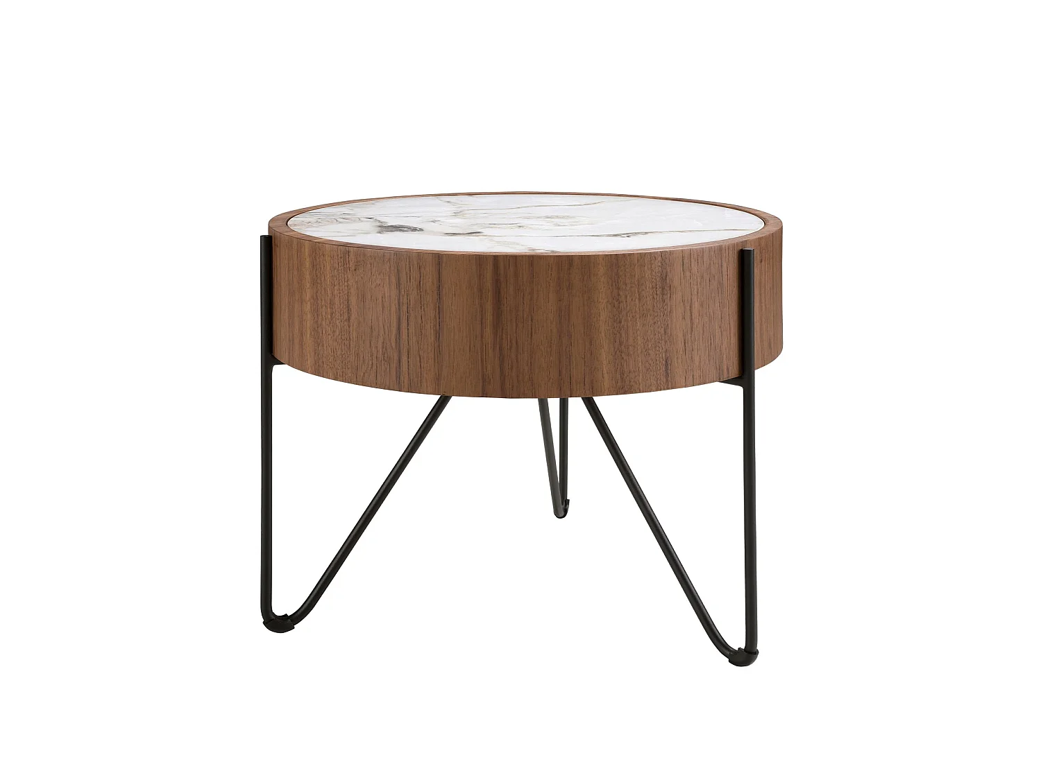 Table d'angle ronde en marbre porcelaine, noyer et acier noir 2139 ANGEL CERDA