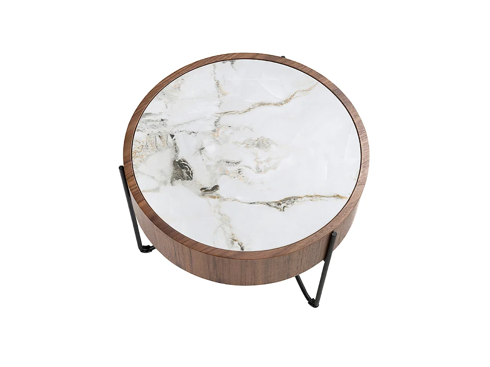 Table d'angle ronde en marbre porcelaine, noyer et acier noir 2139 ANGEL CERDA