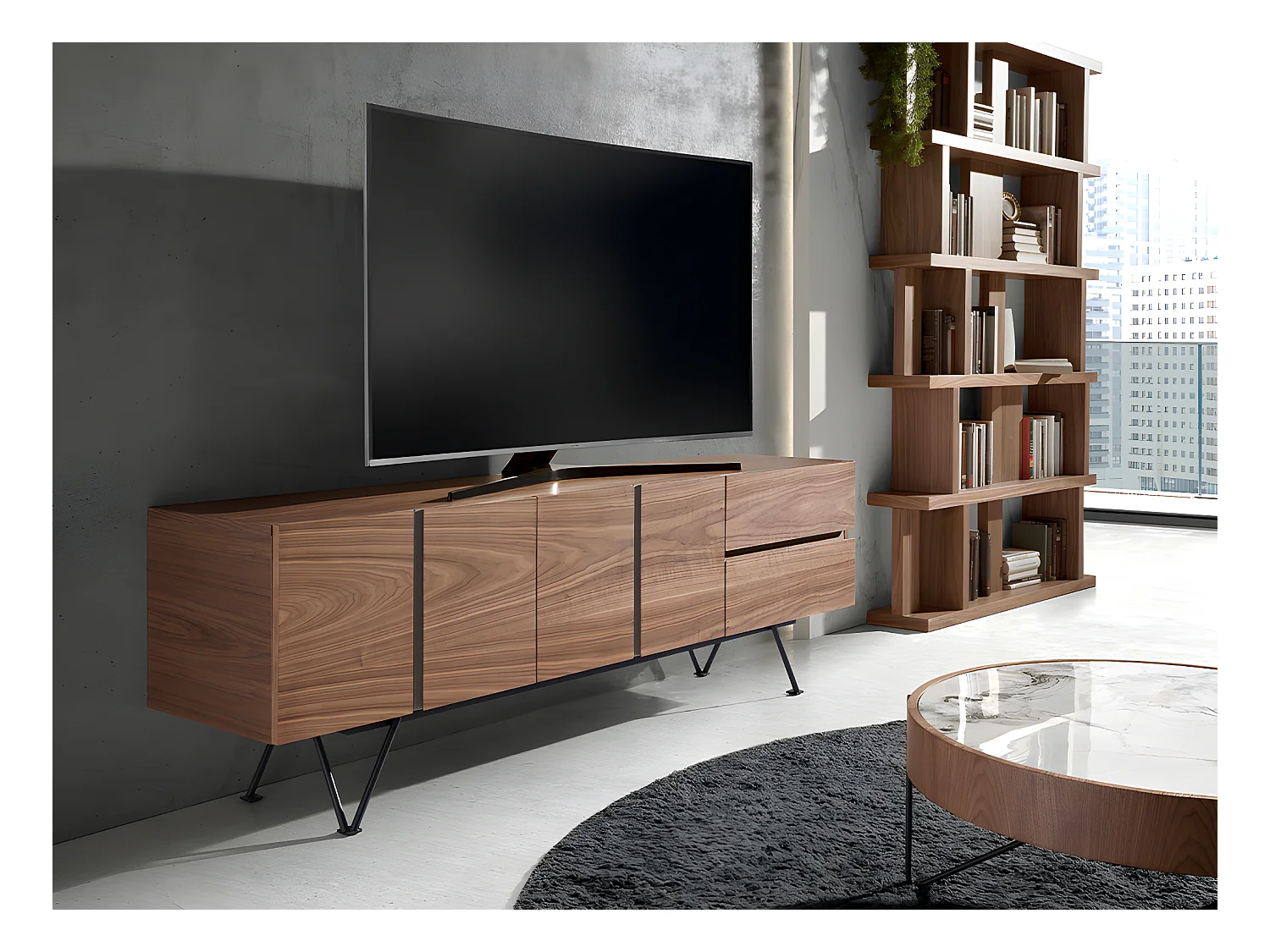 Meuble TV en noyer et acier noir 3260 ANGEL CERDA