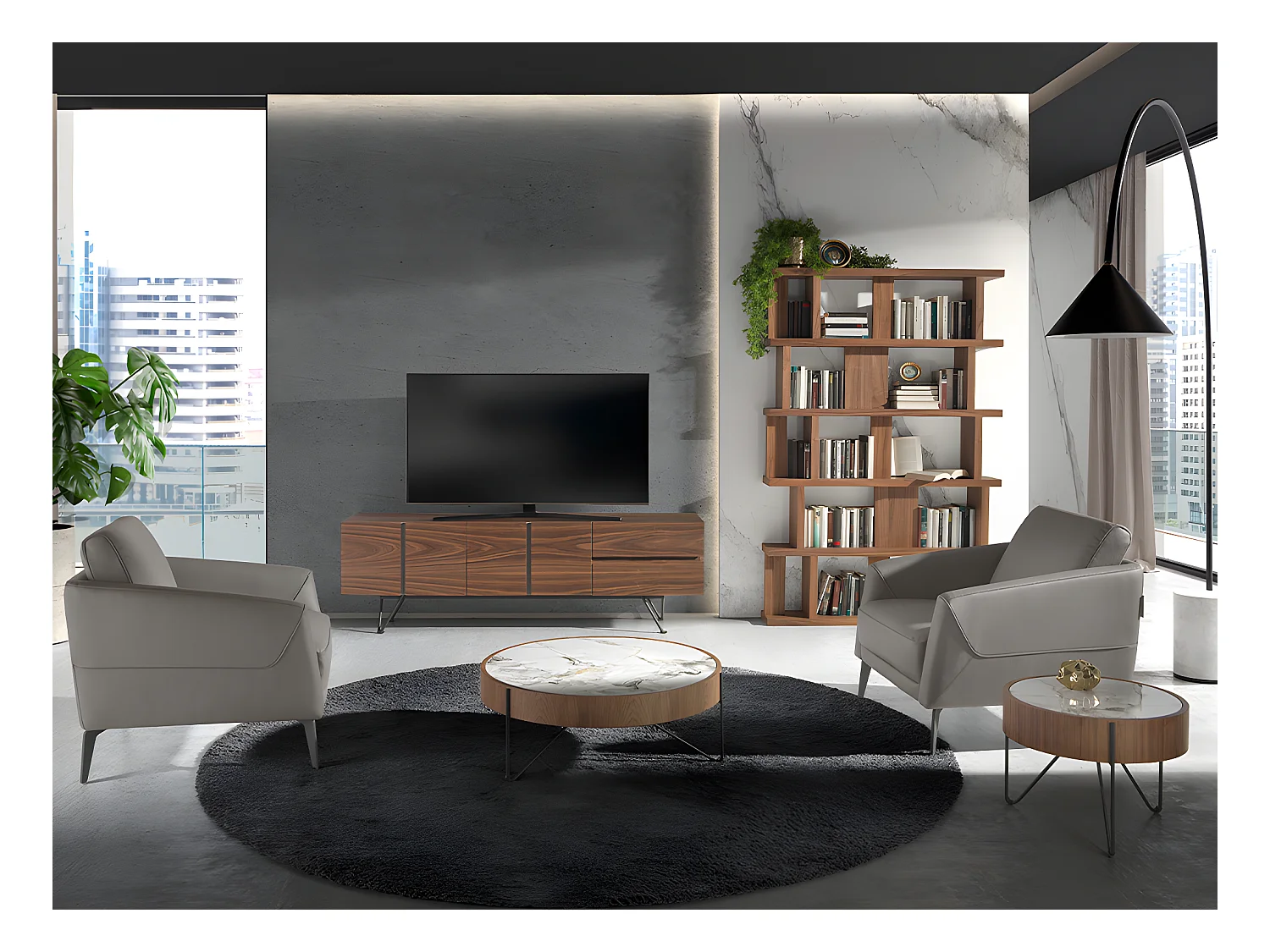 Meuble TV en noyer et acier noir 3260 ANGEL CERDA