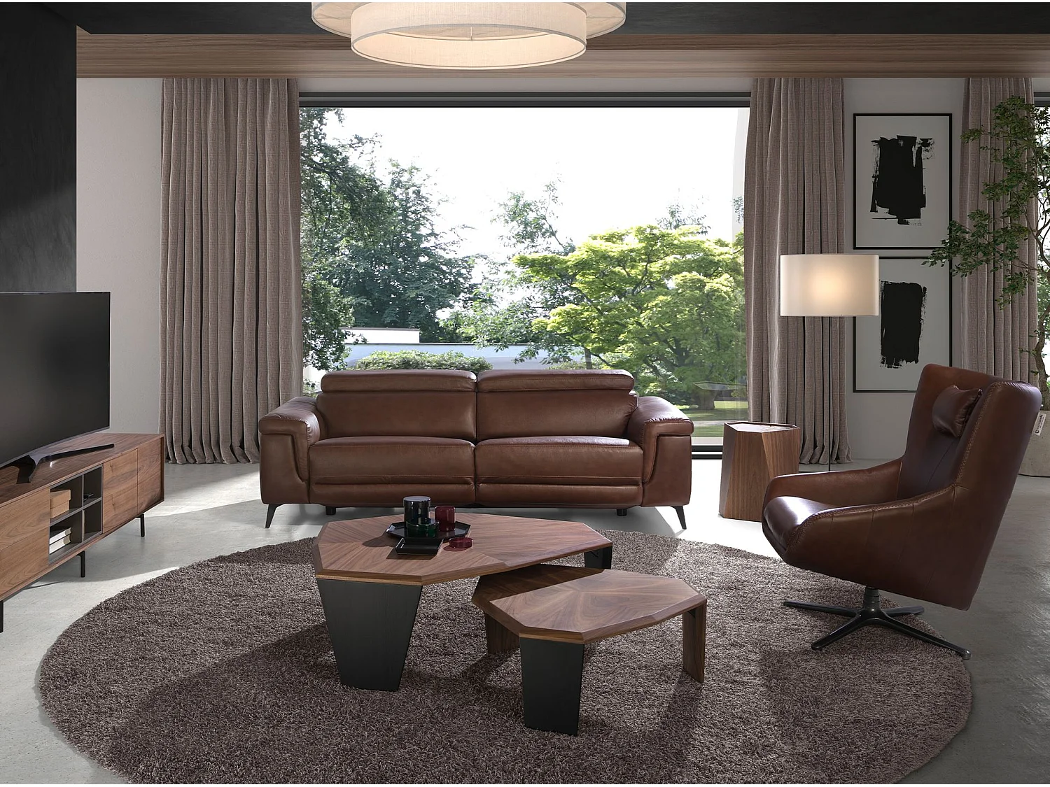 Table basse asymétrique en noyer et pvc noir 2136 ANGEL CERDA