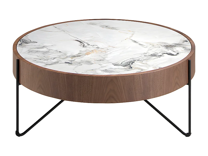 Runder Couchtisch aus Porzellanmarmor, Walnuss und schwarzem Stahl  2138 ANGEL CERDA