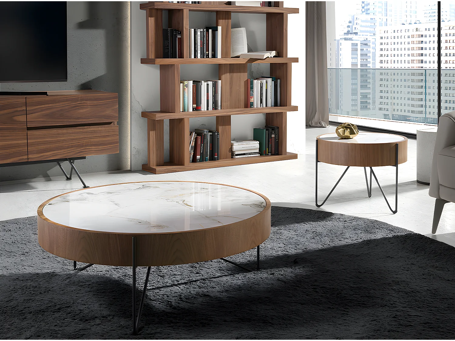 Runder Couchtisch aus Porzellanmarmor, Walnuss und schwarzem Stahl 2138 ANGEL CERDA