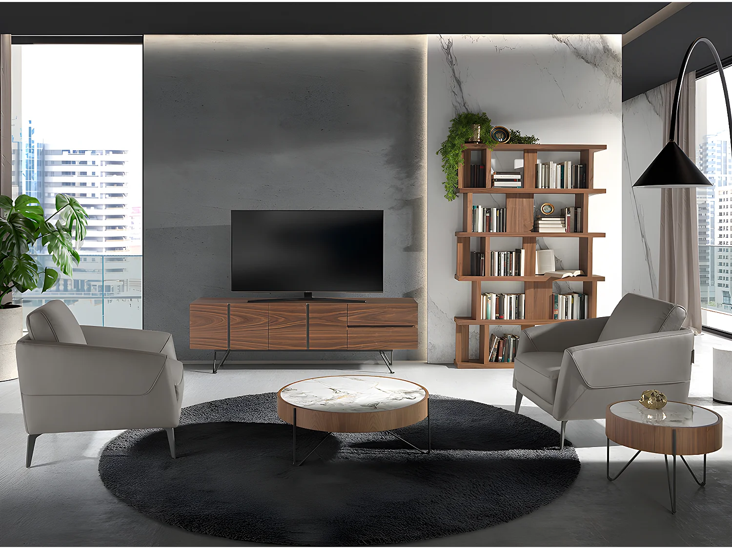 Runder Couchtisch aus Porzellanmarmor, Walnuss und schwarzem Stahl 2138 ANGEL CERDA