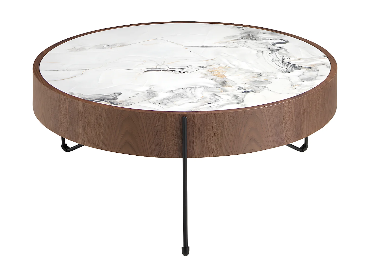 Runder Couchtisch aus Porzellanmarmor, Walnuss und schwarzem Stahl 2138 ANGEL CERDA