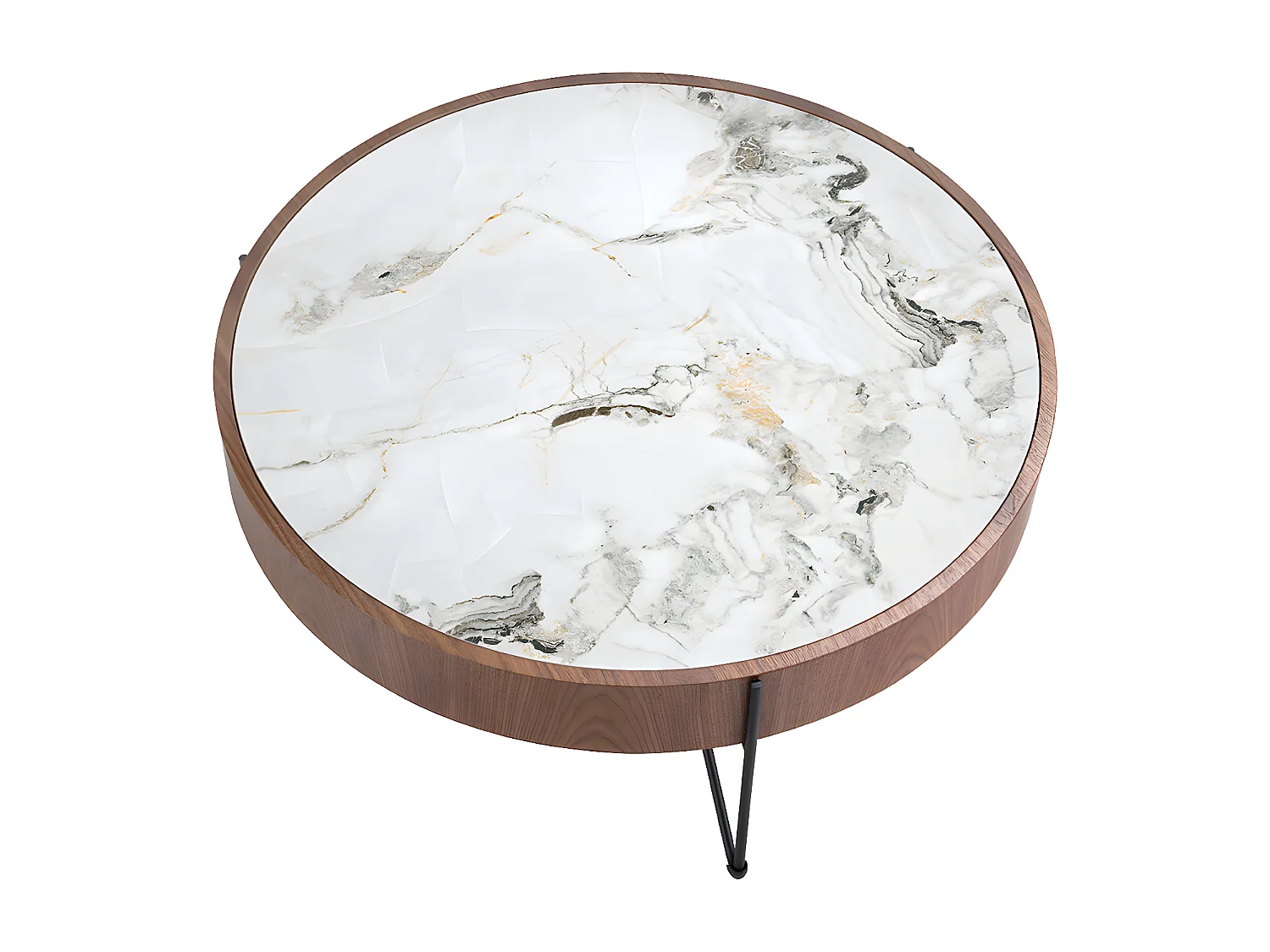 Runder Couchtisch aus Porzellanmarmor, Walnuss und schwarzem Stahl 2138 ANGEL CERDA