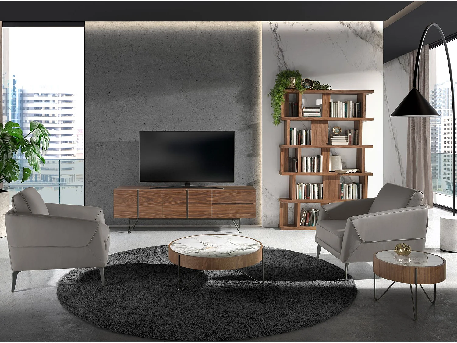 Table basse ronde en marbre porcelaine, noyer et acier noir 2138 ANGEL CERDA