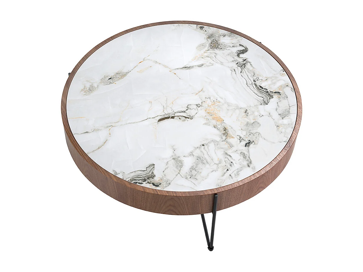 Table basse ronde en marbre porcelaine, noyer et acier noir 2138 ANGEL CERDA