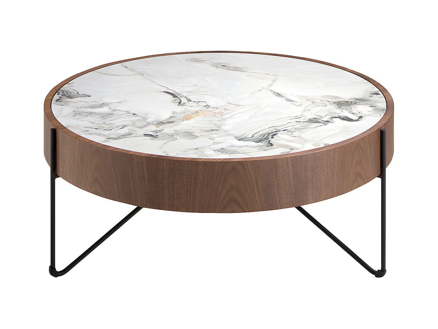 Table basse ronde en marbre porcelaine, noyer et acier noir 2138 ANGEL CERDA