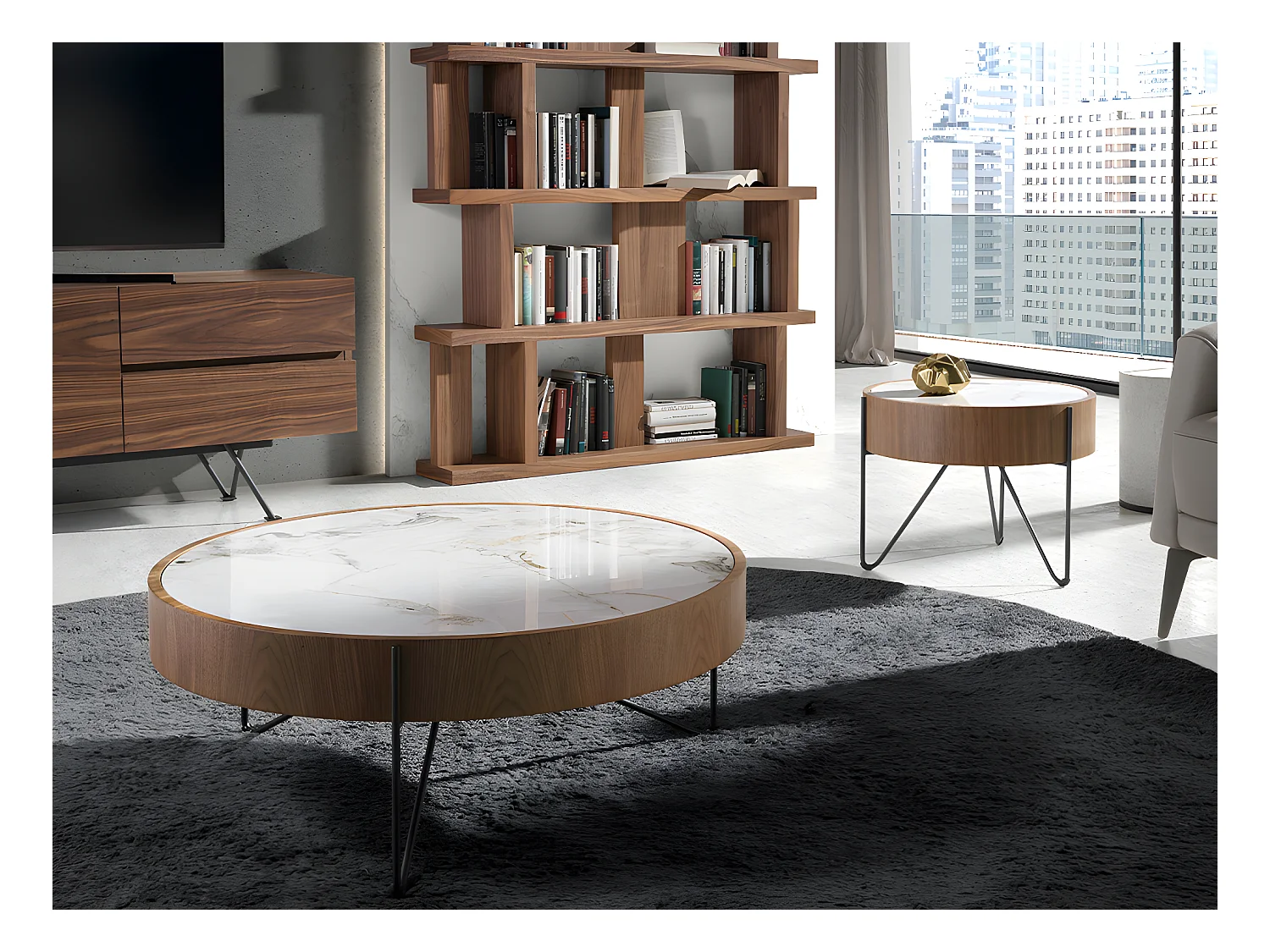 Table basse ronde en marbre porcelaine, noyer et acier noir 2138 ANGEL CERDA
