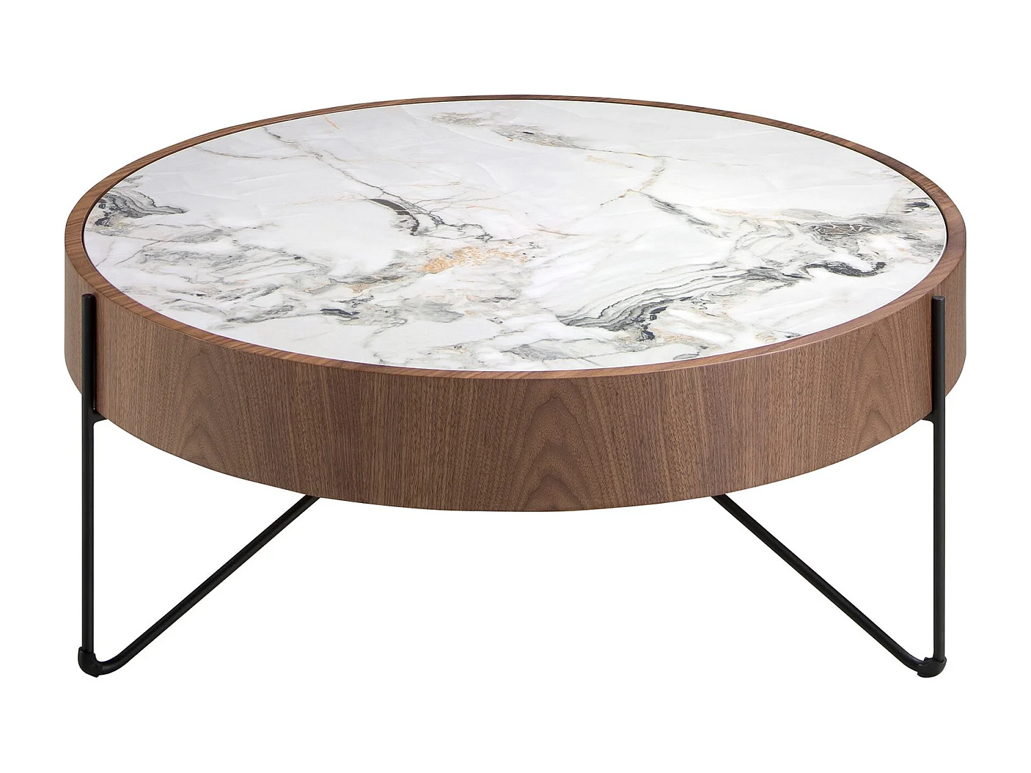 Table basse ronde en marbre porcelaine, noyer et acier noir 2138 ANGEL CERDA