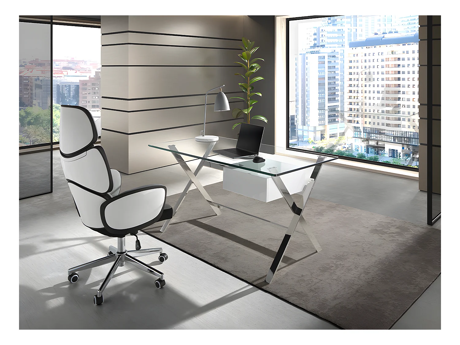 Bureau en bois blanc et acier chromé avec plateau en verre trempé 3255 ANGEL CERDA