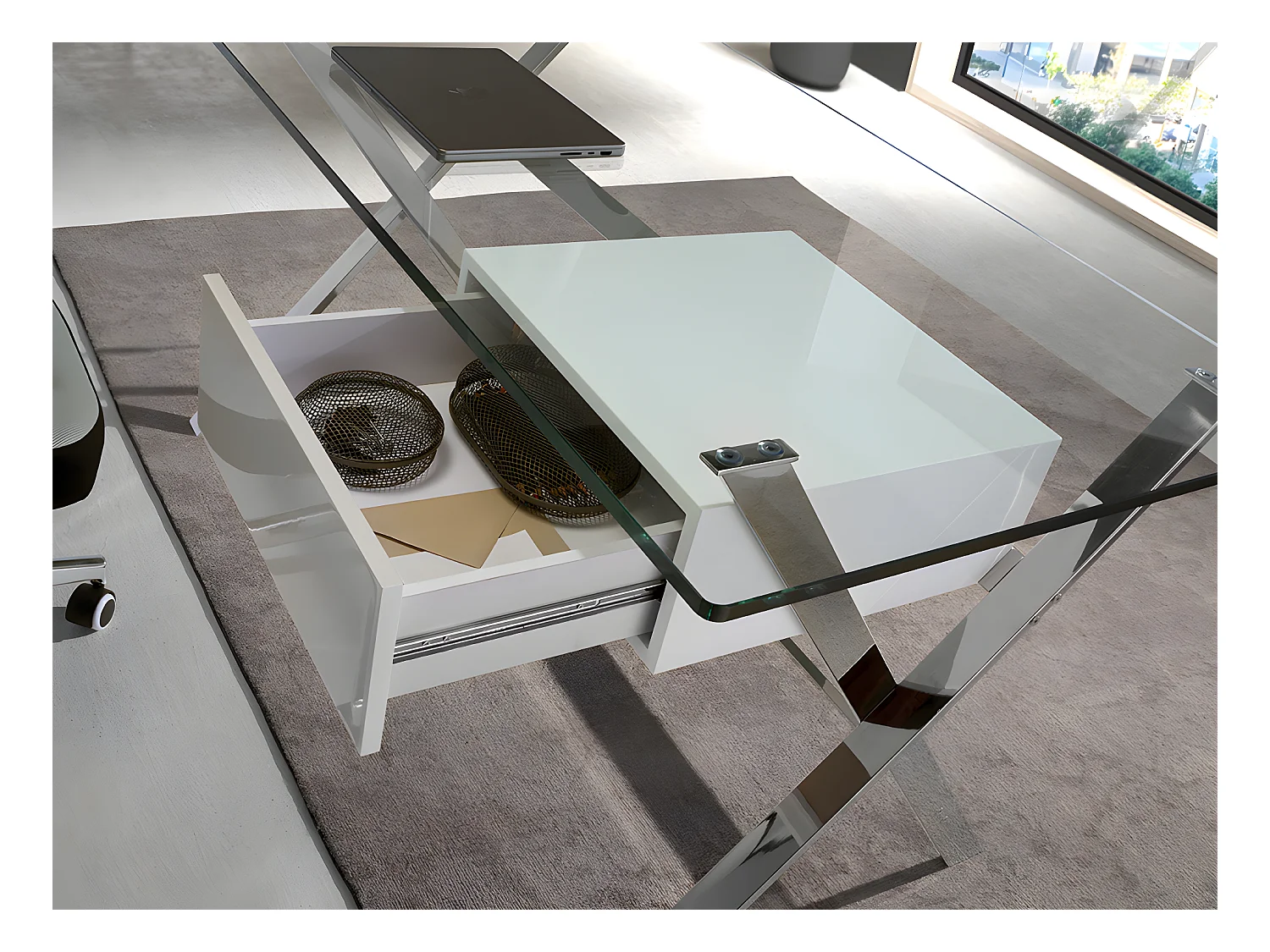 Bureau en bois blanc et acier chromé avec plateau en verre trempé 3255 ANGEL CERDA