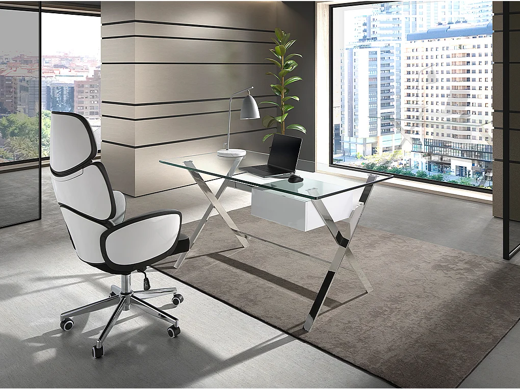 Bureau van wit hout en verchroomd staal met blad van gehard glas 3255 ANGEL CERDA
