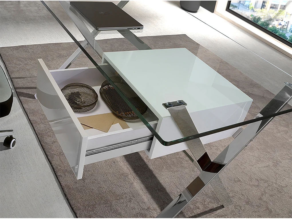 Bureau van wit hout en verchroomd staal met blad van gehard glas 3255 ANGEL CERDA
