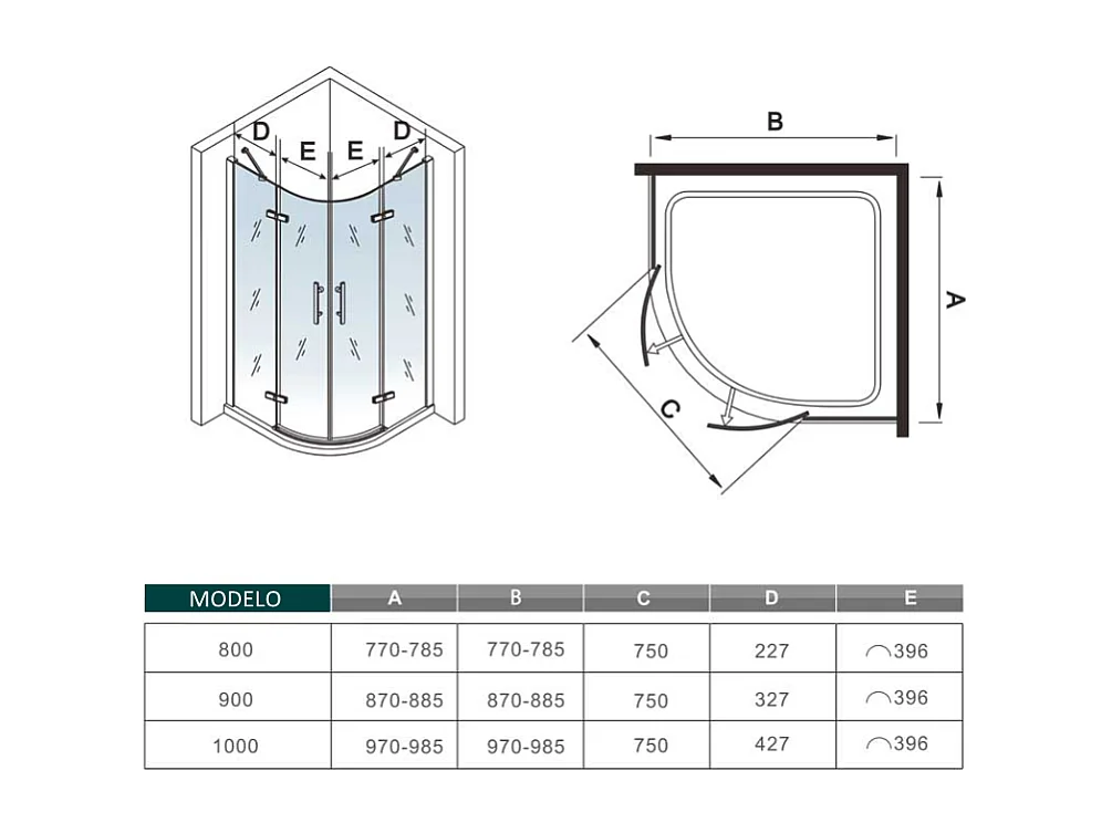 AICA Mampara de ducha curva abatible,cromado,antical 6mm 90x90x195cm+plato de ducha 90x90x3cm