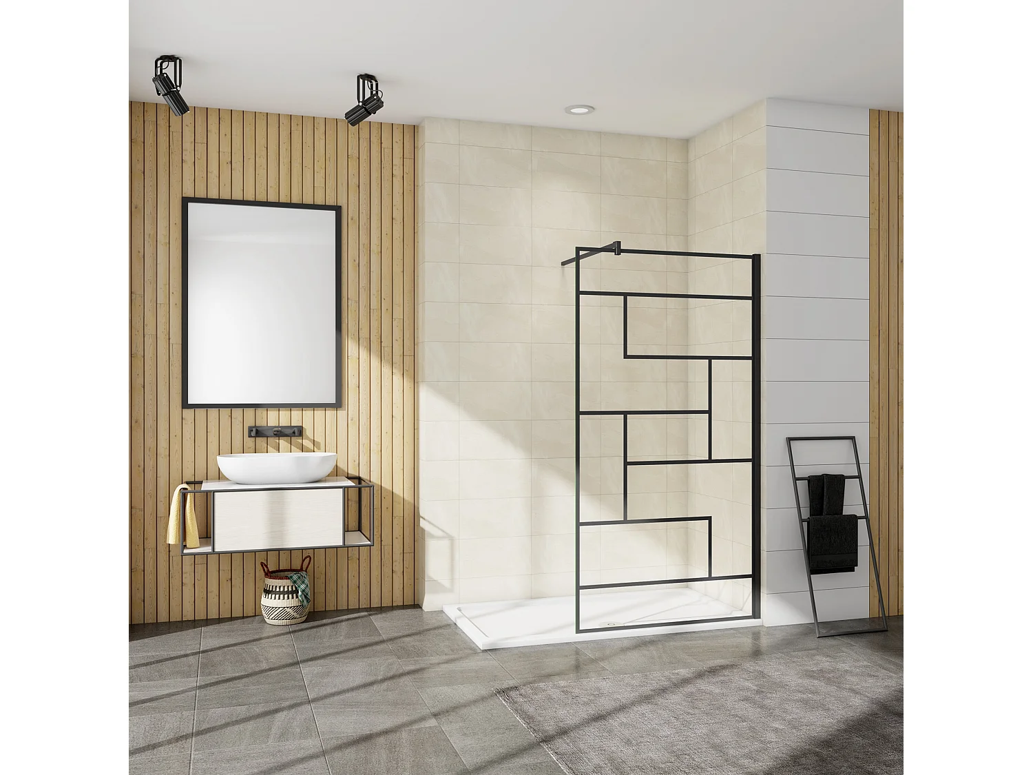Painel de duche Fixo serigrafada com linha preta Vidro temperado Anticalcário 8mm com Barra 90cm Perfil Preto fosco (118-120)x200cm-AICA