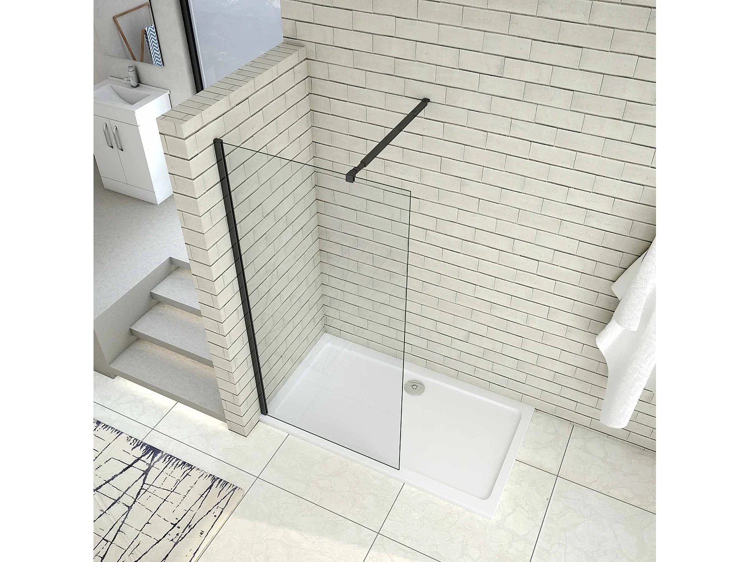 Panel de ducha vidrio antical 8mm,barra 73-120cm,perfil negro mate,(158-160)x200cm