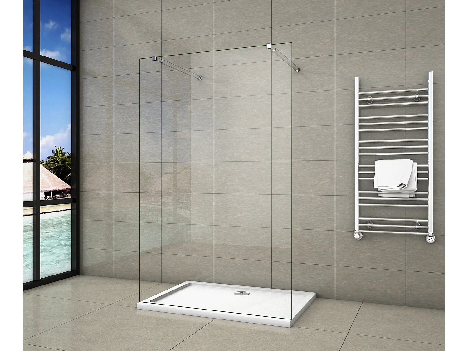 Painel de duche Fixo 1 folha Vidro 8mm com Filme de Segurança à Prova de Explosão 97x200cm com Duas barras ajustáveis 73-120cm-AICA