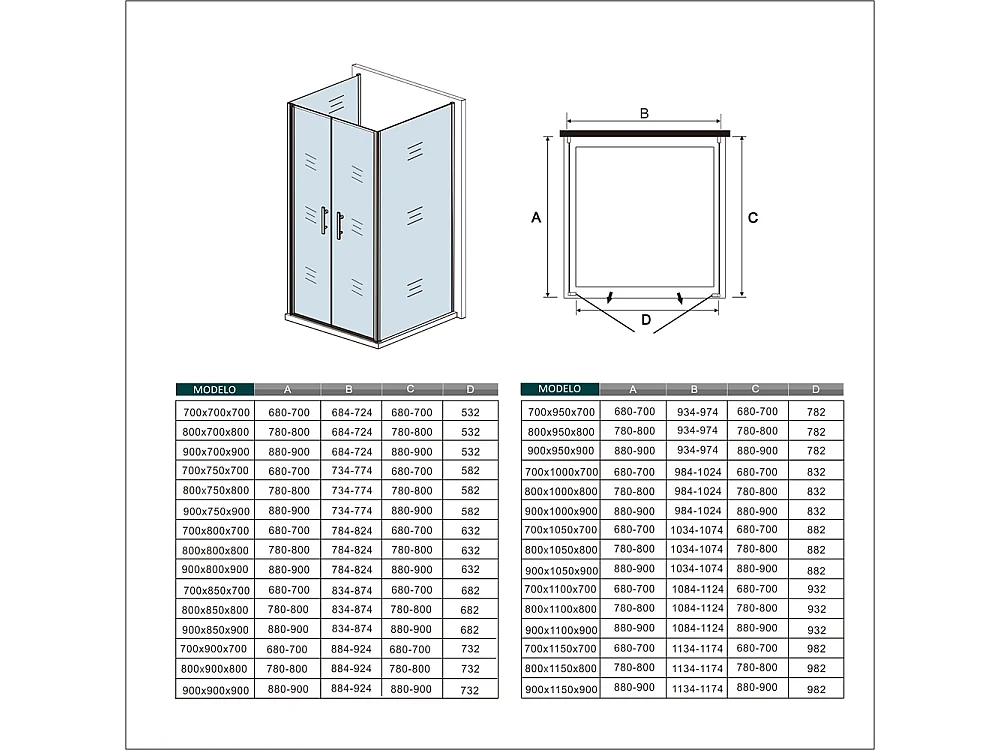 Porta de duche Bater 2 folhas e Painéis laterais Vidro Anticalcário 6mm Perfil cromado (880-900)x(1084-1124)x(880-900)x1950mm-AICA