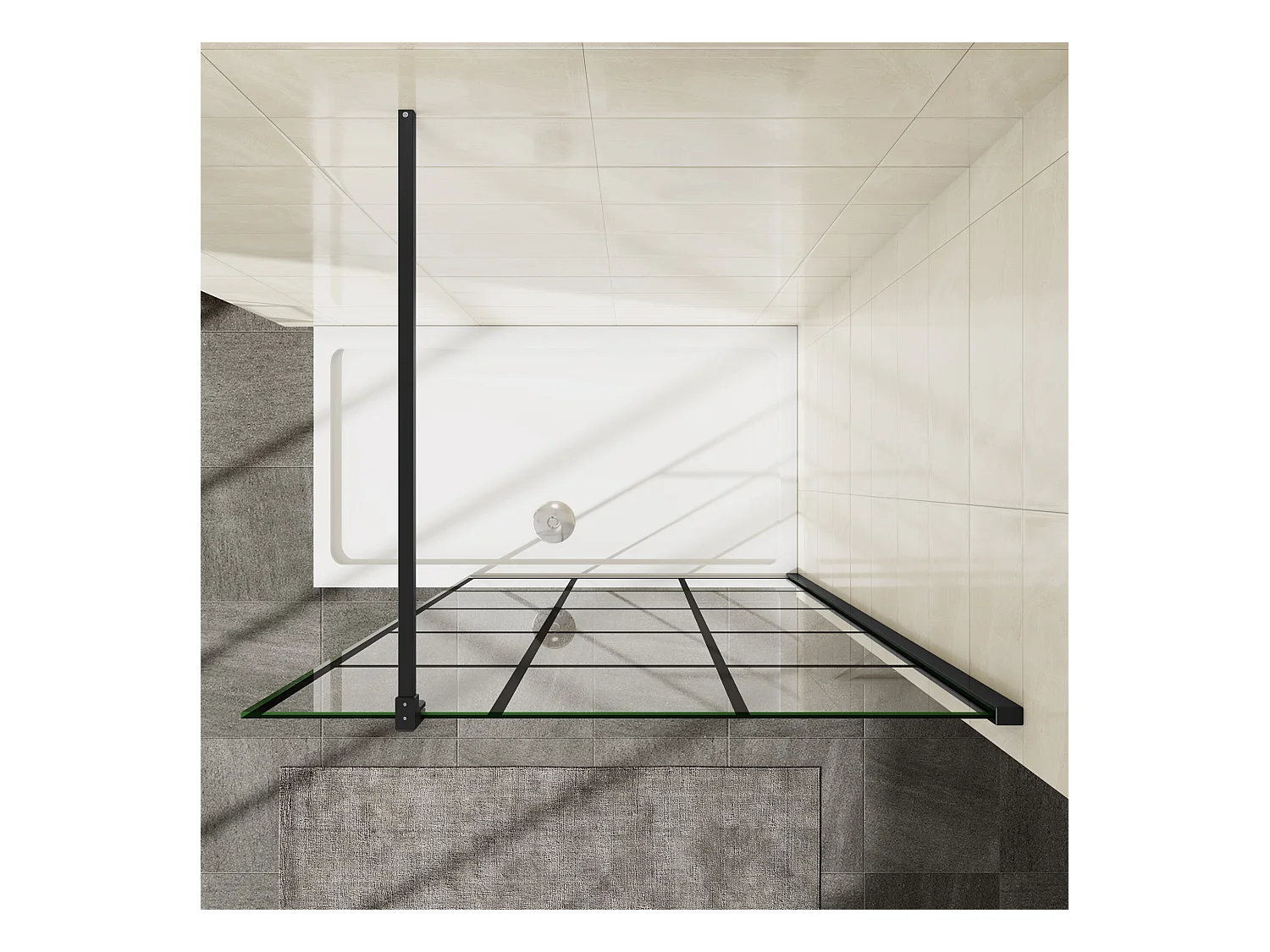 Panel de ducha serigrafiada,vidrio antical 8mm,barra 90cm perfil negro (88-90)x200cm