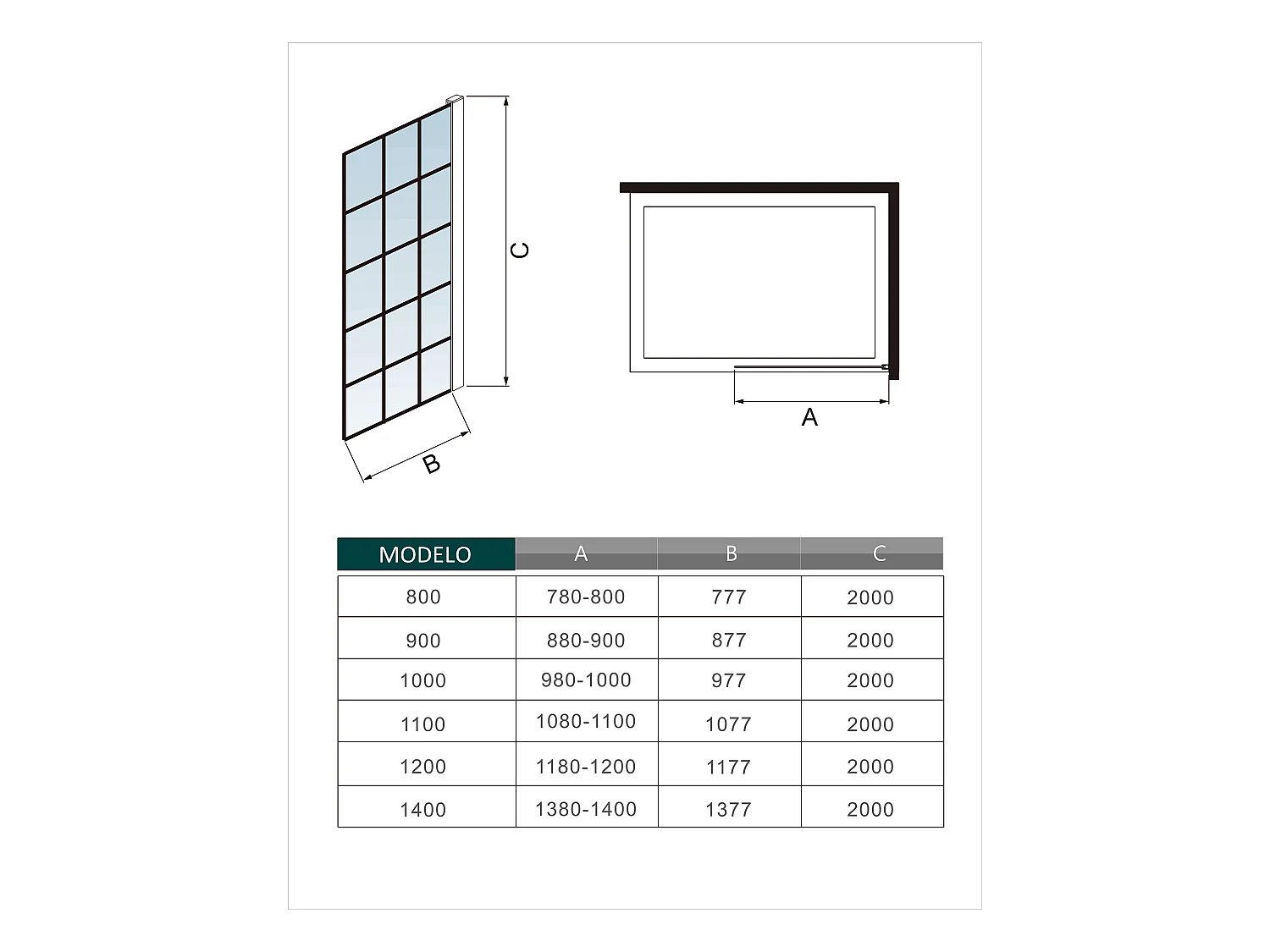 Panel de ducha serigrafiada,vidrio antical 8mm,barra 90cm perfil negro (88-90)x200cm