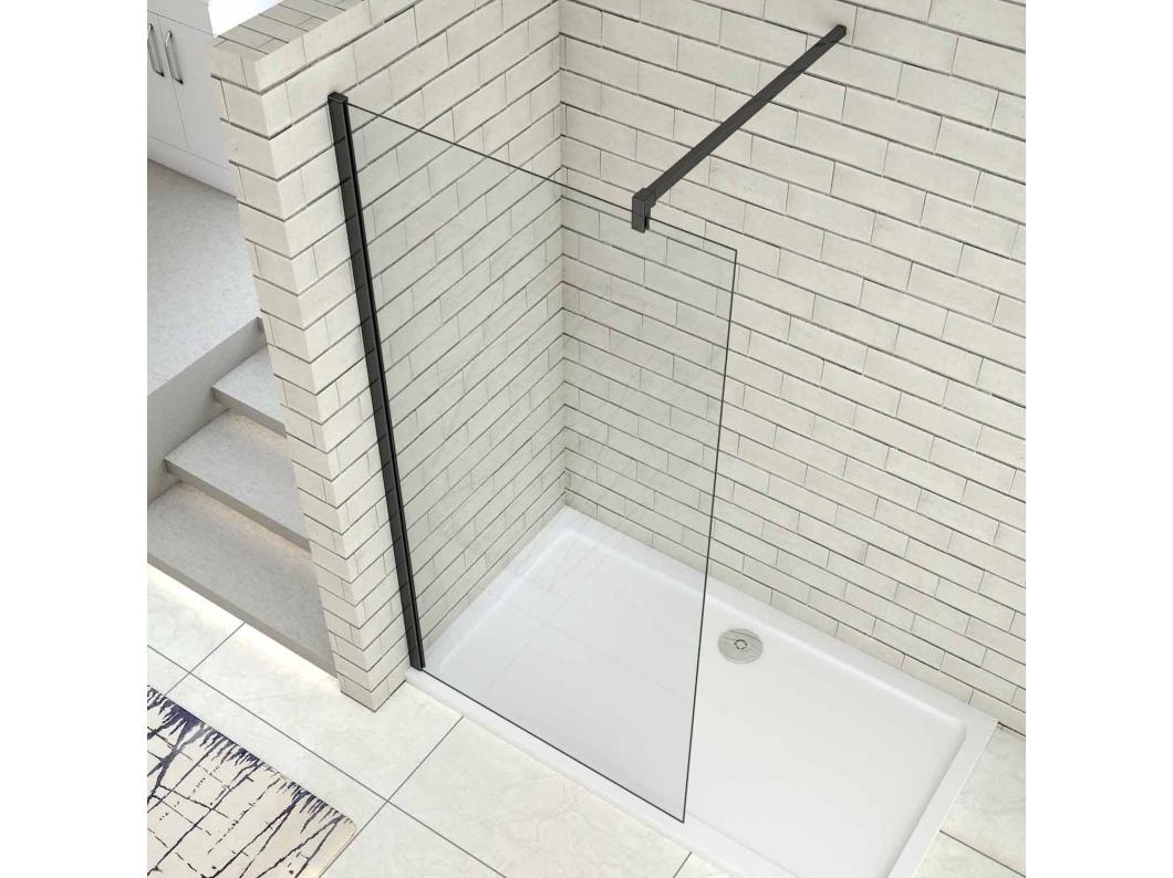 Painel de duche Fixo de folha única Vidro Anti-calcário 8mm com uma Barra de 140cm Perfil Preto fosco Tamanho(48-50)x200cm-AICA