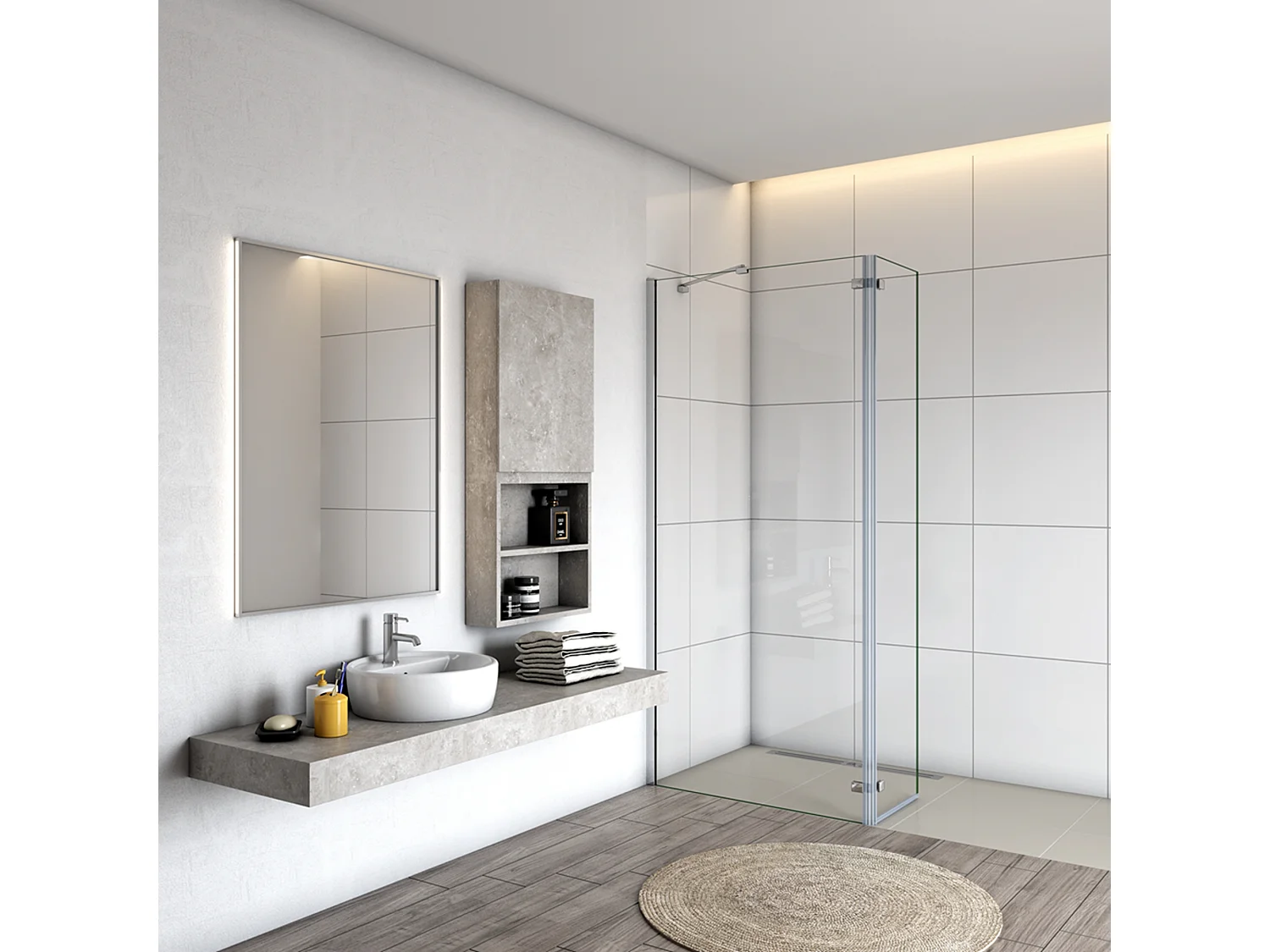 Painel de duche Fixo 2 folhas com Dobradiça Painel fixo+giratório Vidro Anti-calcário 8mm com Barra Fixa 45cm Perfil cromado ([78-80]+40)x200cm-AICA