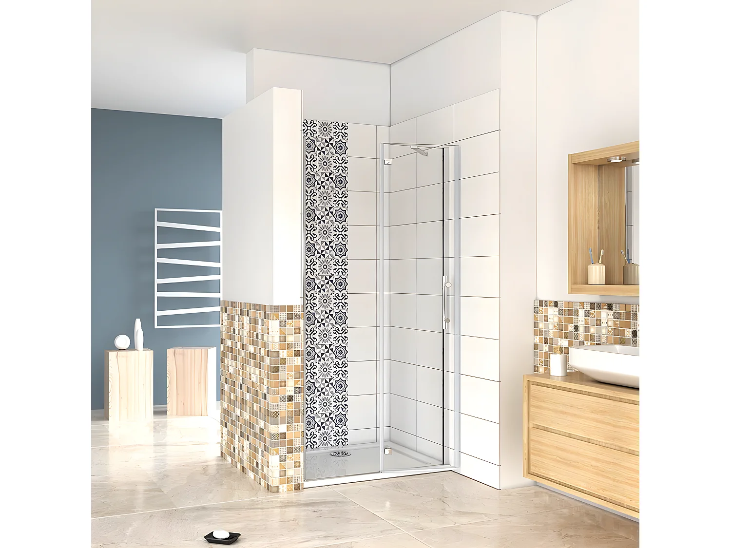 Mampara de ducha frontal abatible perfil cromado vidrio antical 6mm (877-907)x1900mm