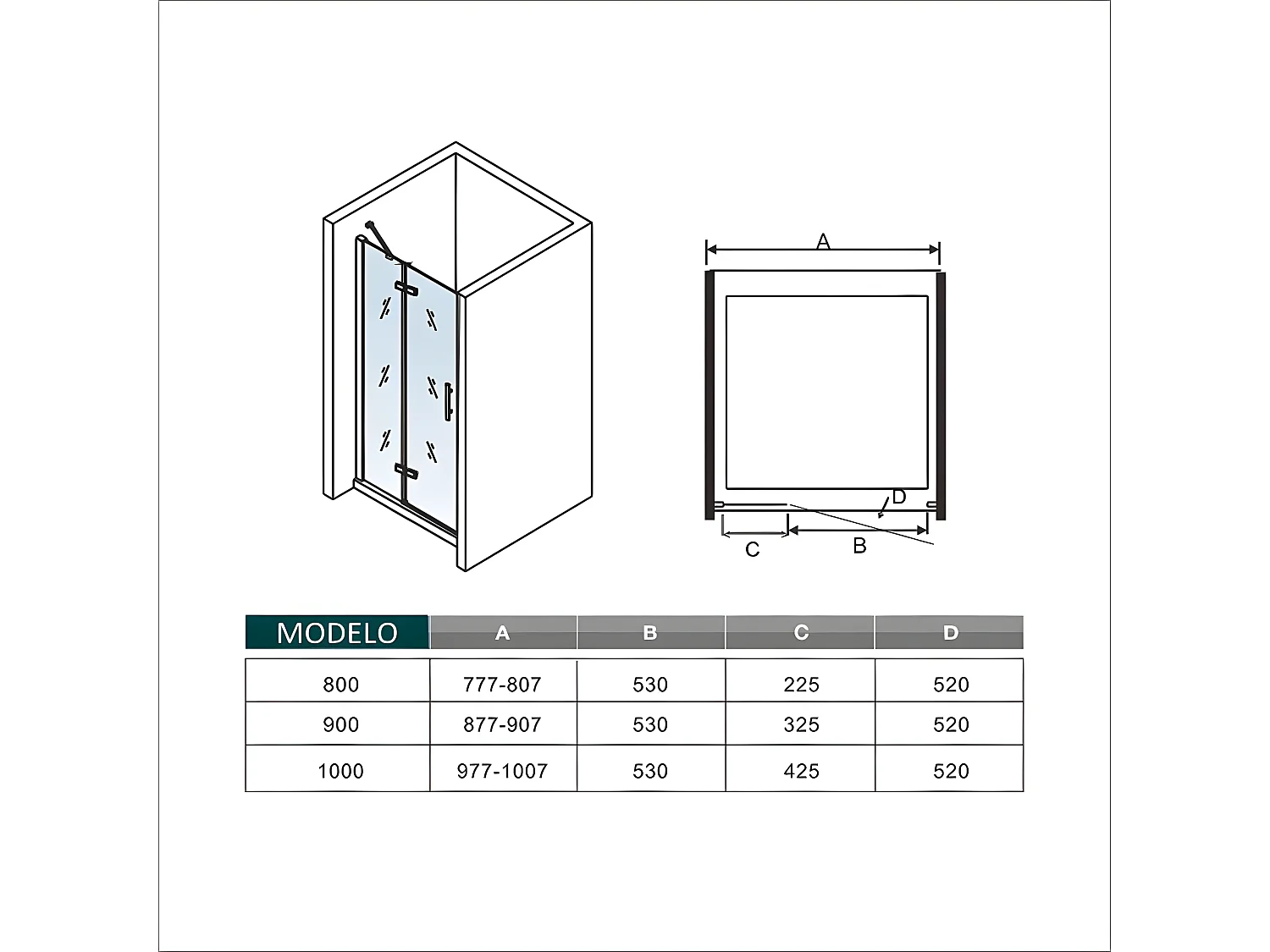 Mampara de ducha frontal abatible perfil cromado vidrio antical 6mm (877-907)x1900mm
