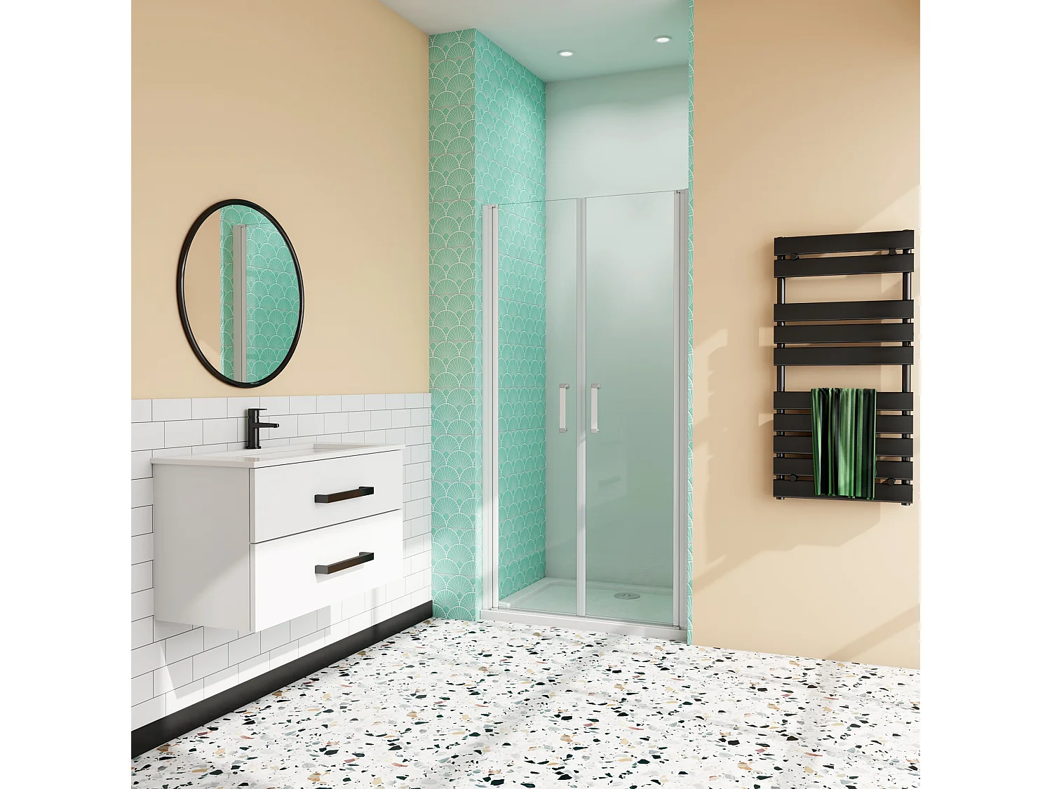 Mampara de ducha abatible dos hojas,perfil blanco/gris mate,vidrio 5mm,(1060-1100)x1850mm