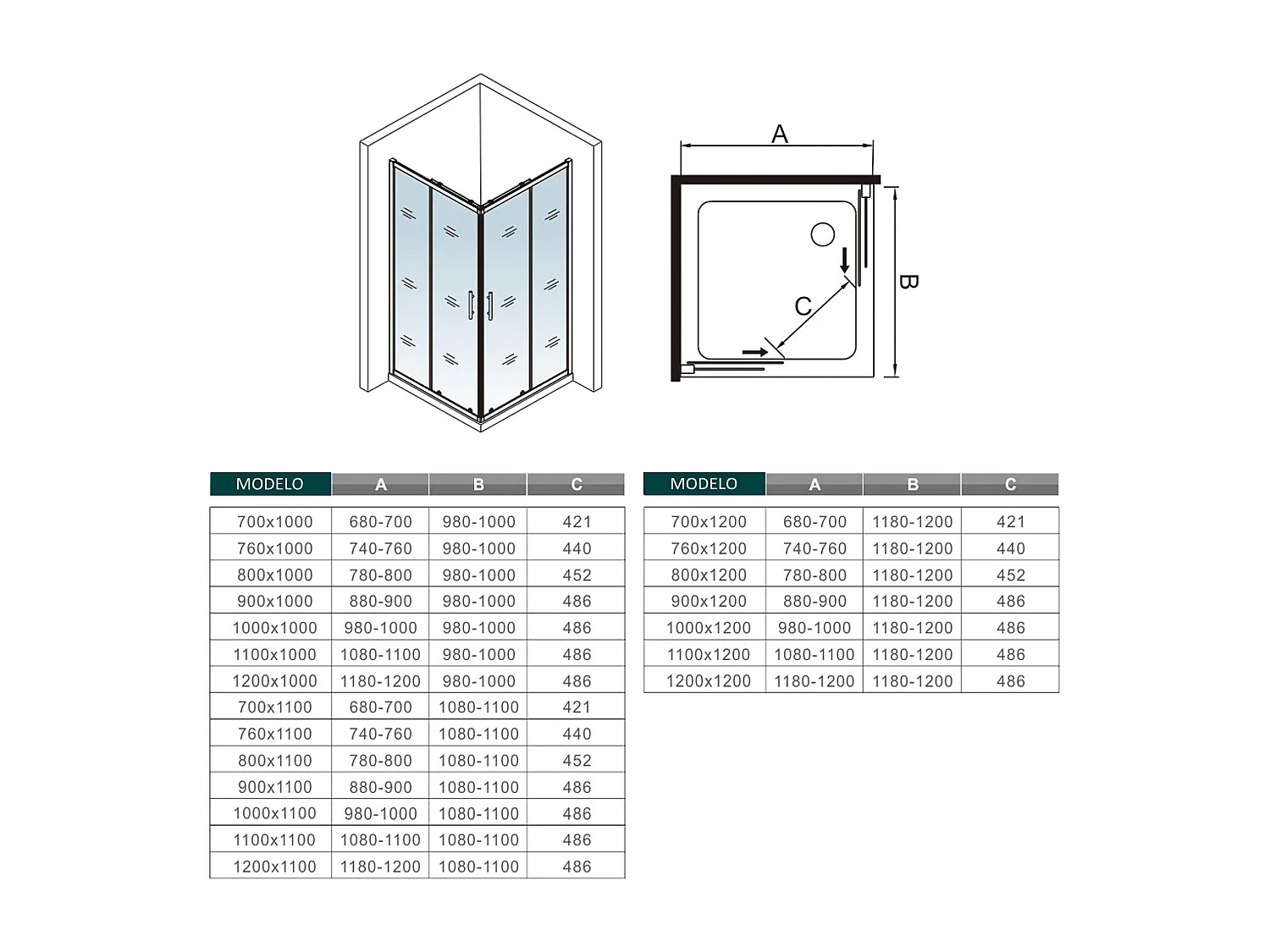 Cabine de duche rectangular correr Perfil cromado Vidro Anticalcário 6mm (1080-1100)x(680-700)x1950mm-AICA