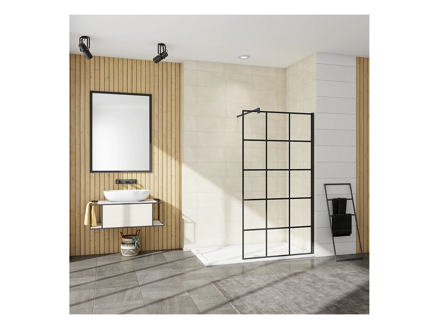 Panel de ducha serigrafiada,vidrio antical 8mm,barra 140cm perfil negro (118-120)x200cm