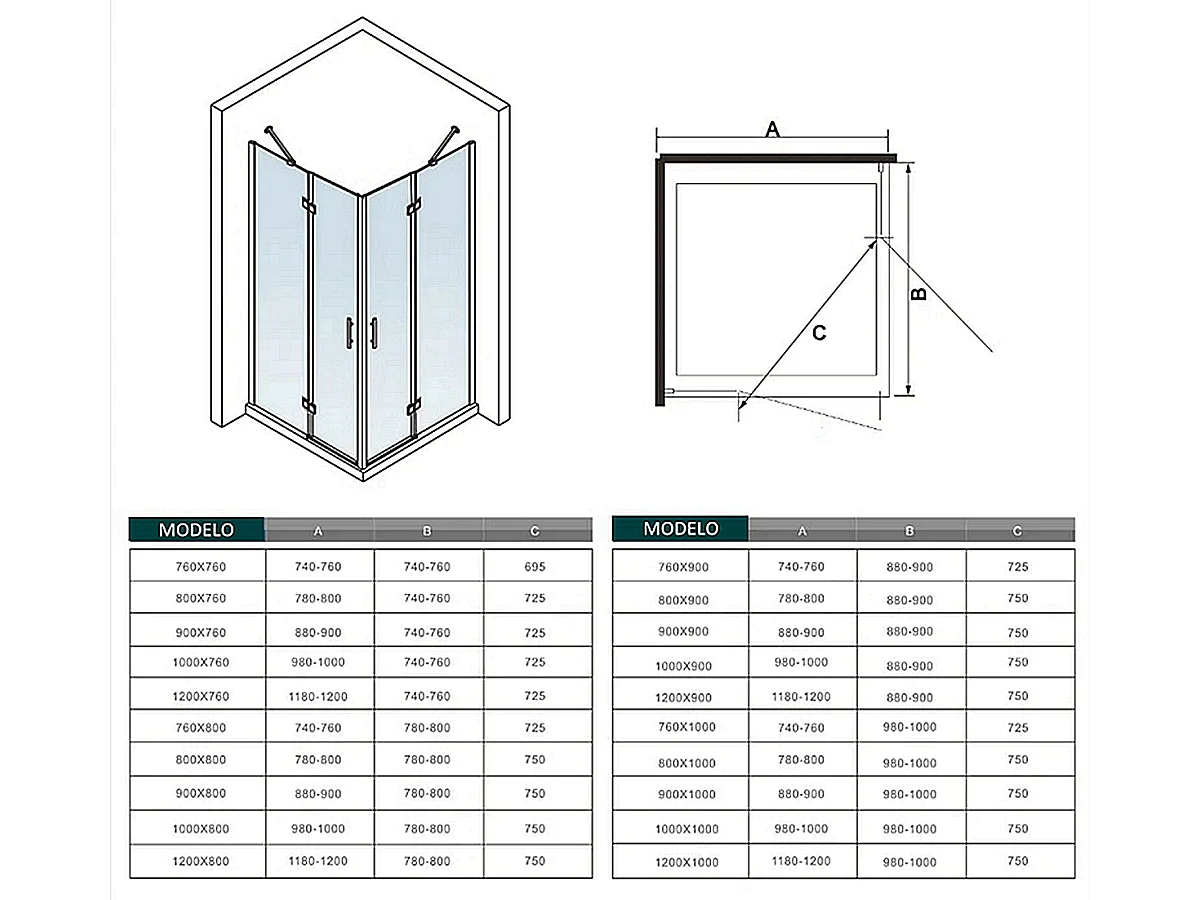Cabine de duche rectangular Bater Perfil cromado Vidro Anticalcário 6mm (880-900)x(980-1000)x1900mm-AICA