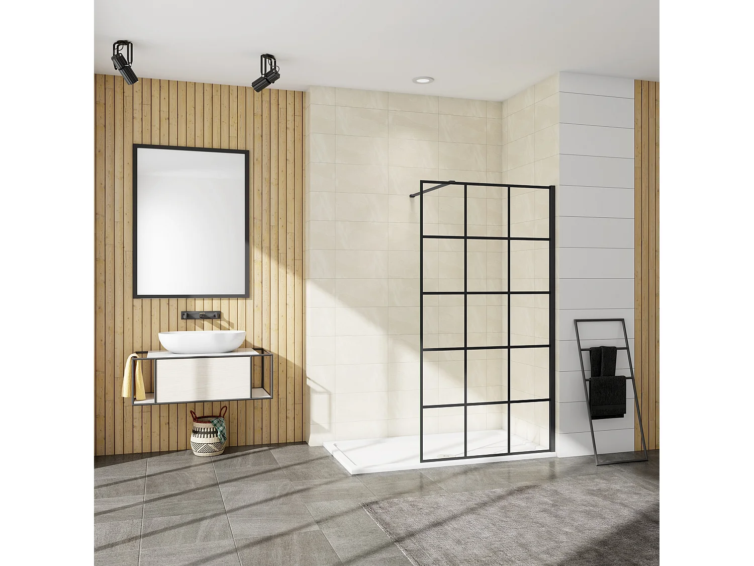 Painel de duche Fixo treliça quadrada serigrafada Vidro Anti-calcário 8mm com Barra1 90cm Perfil Preto fosco (98-100)x200cm-AICA