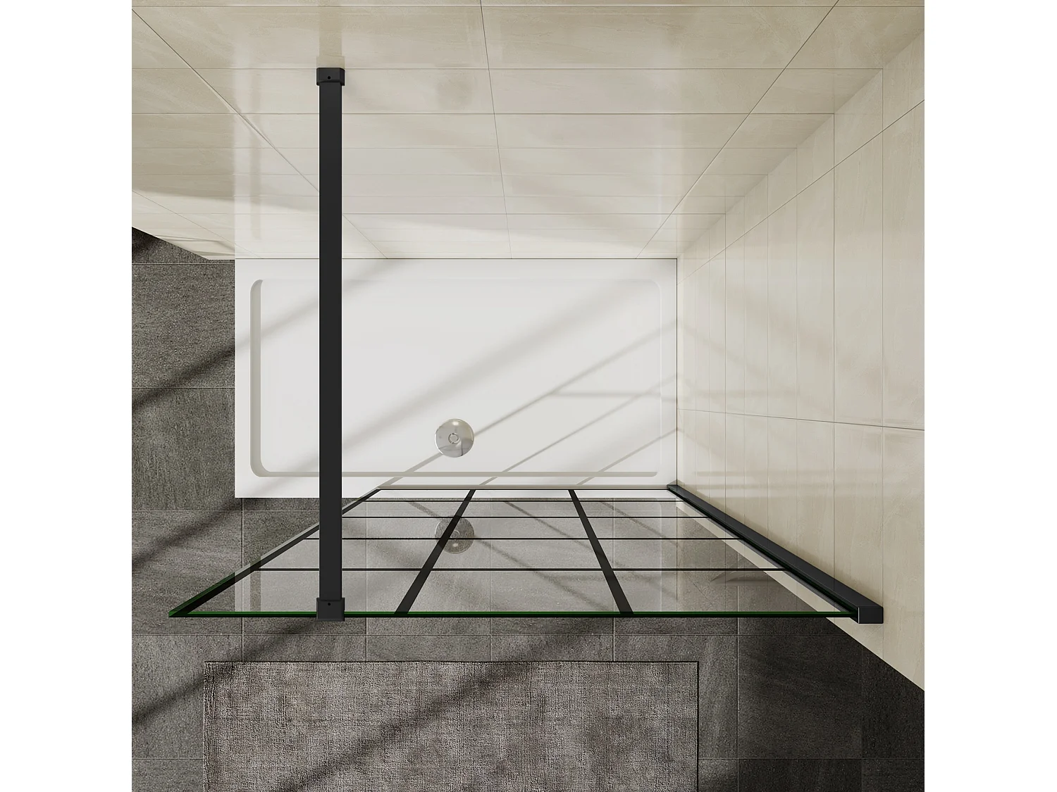 Painel de duche Fixo treliça quadrada serigrafada Vidro Anti-calcário 8mm com Barra1 90cm Perfil Preto fosco (98-100)x200cm-AICA