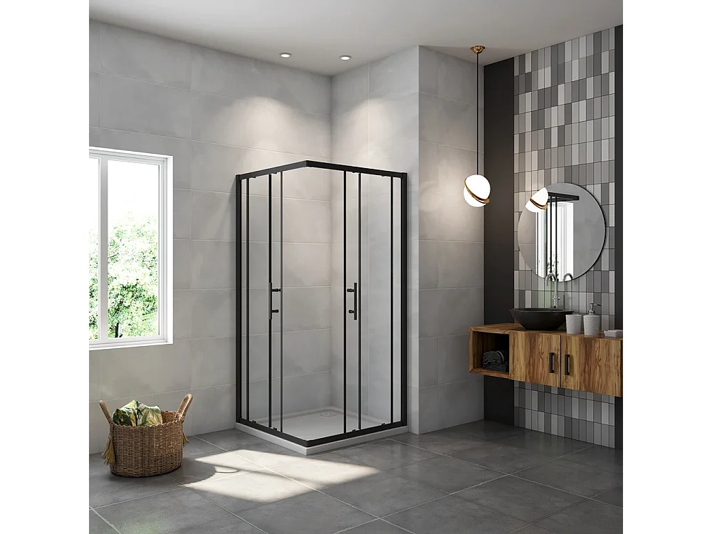 AICA Mampara de ducha rectangular corredera perfil negro mate vidrio antical 6mm 800x700x1900mm