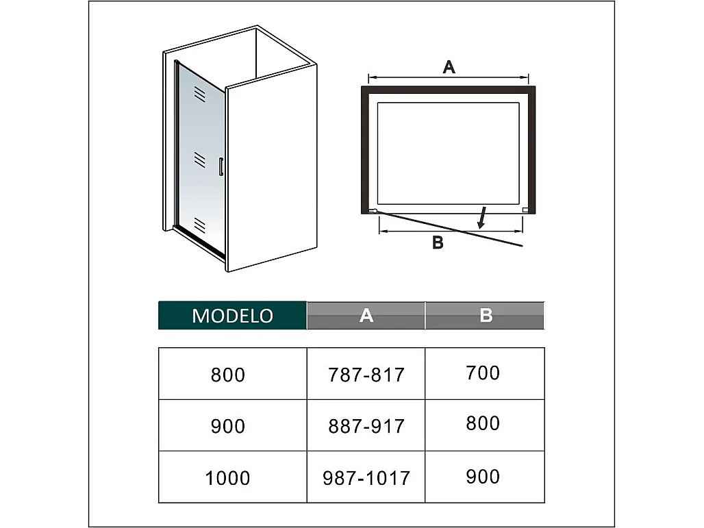 Mampara de ducha frontal abatible perfil negro mate vidrio antical 8mm (787-817)x2000mm
