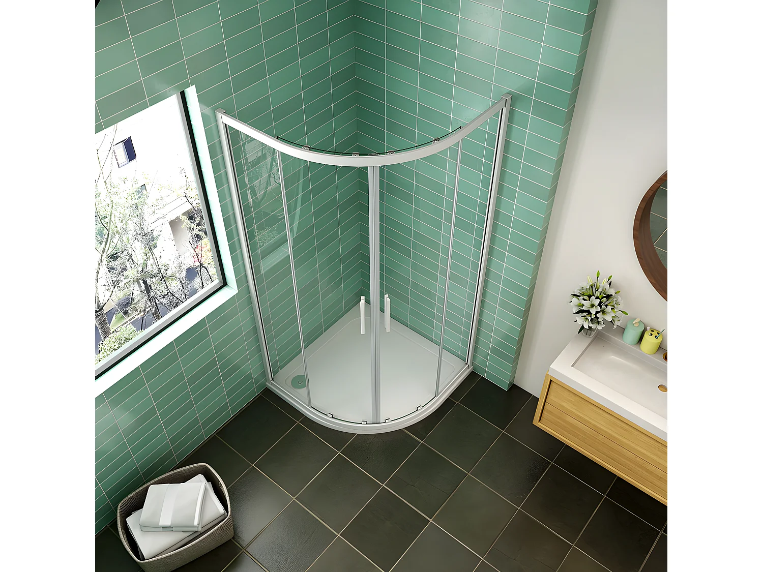 AICA Mampara de ducha curva semicircular corredera,perfil blanco,vidrio 5mm,900x900x1850mm